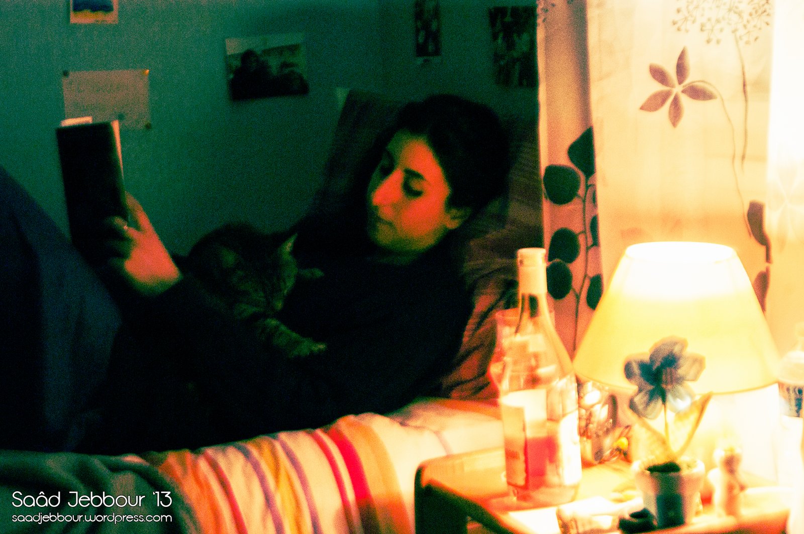 Una mujer lee un libro recostada en la cama junto a un gato, a la luz de una lámpara, con una botella de vino en la mesilla.