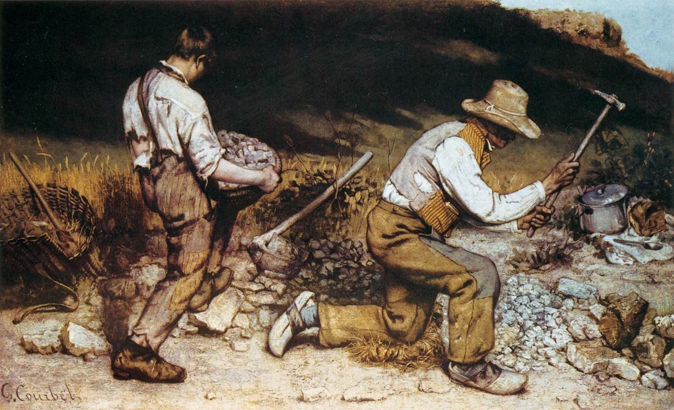 Los picapedreros (1849), pintura de Gustave Courbet: un joven y un anciano rompen piedras en un camino.