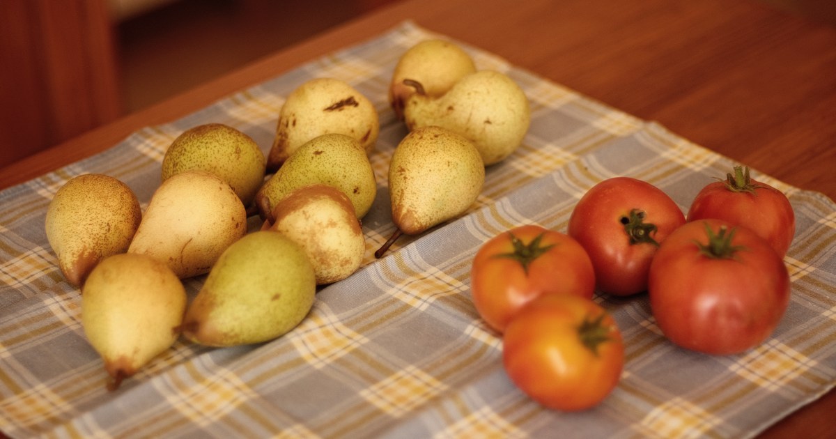Pears and tomatoes resting on a blue and yellow checkered cloth on a wooden table, in soft warm light.
