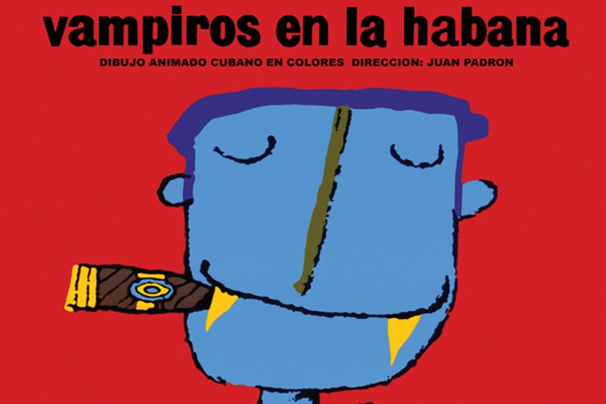 Cartel cubano de Vampiros en La Habana (1985), de Juan Padrón: dibujo de un vampiro azul con colmillos y un puro, sobre fondo rojo.
